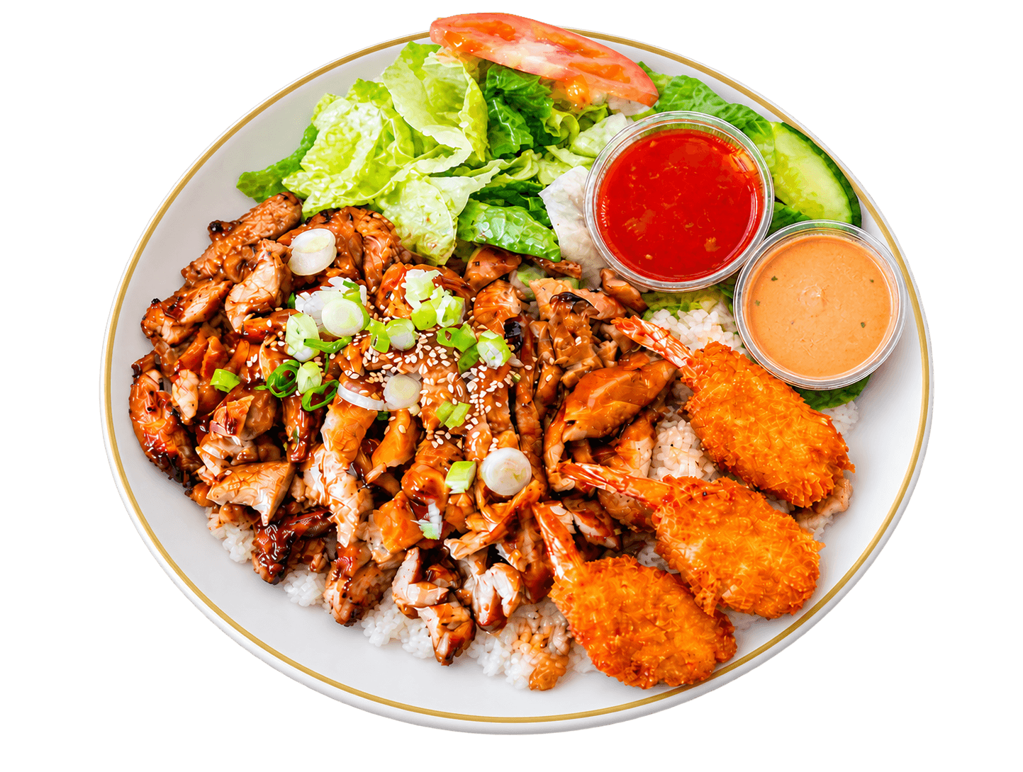 Golden Bowl teriyaki chicken and shrimp plate with rice and salad